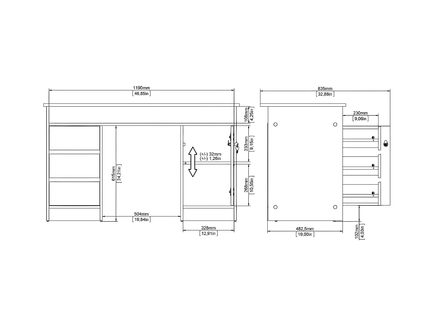 FunctionPlus bureau avec serrure 1 porte 3 tiroirs chêne décor noir.