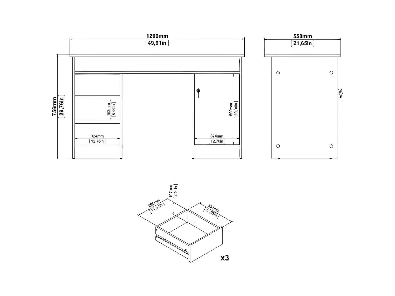 FunctionPlus bureau avec serrure 1 porte 3 tiroirs chêne décor noir.