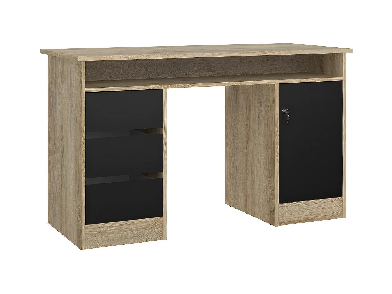 FunctionPlus bureau avec serrure 1 porte 3 tiroirs chêne décor noir.