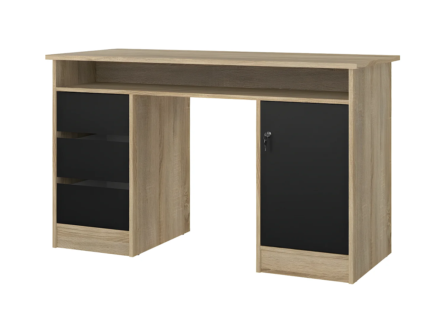 FunctionPlus bureau avec serrure 1 porte 3 tiroirs chêne décor noir.