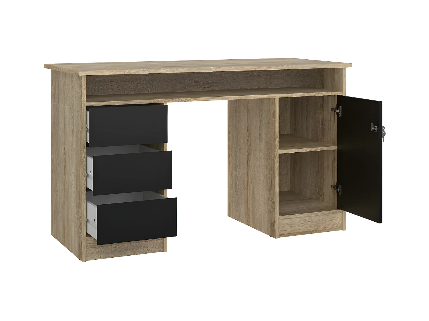 FunctionPlus bureau avec serrure 1 porte 3 tiroirs chêne décor noir.