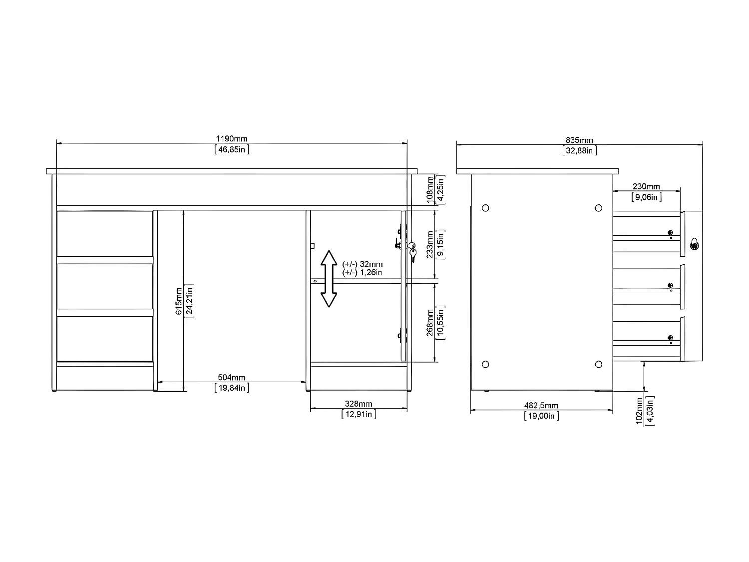 FunctionPlus bureau avec serrure 1 porte 3 tiroirs chêne décor noir.
