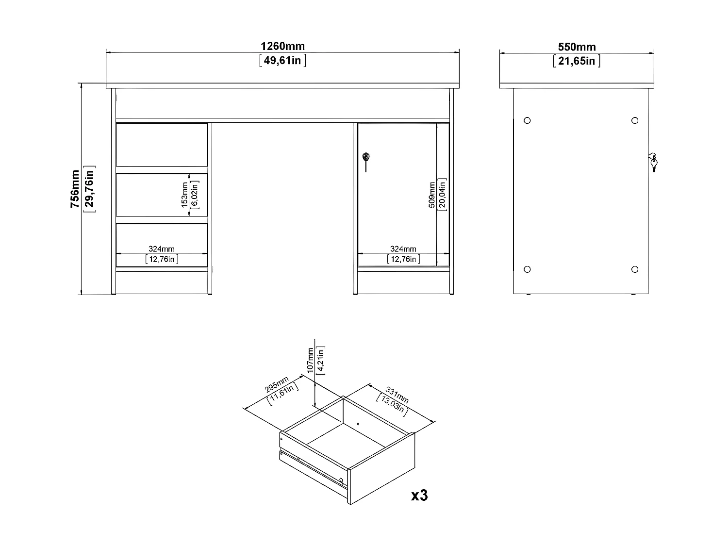 FunctionPlus bureau met slot 1 deur 3 laden okkernoot decor.