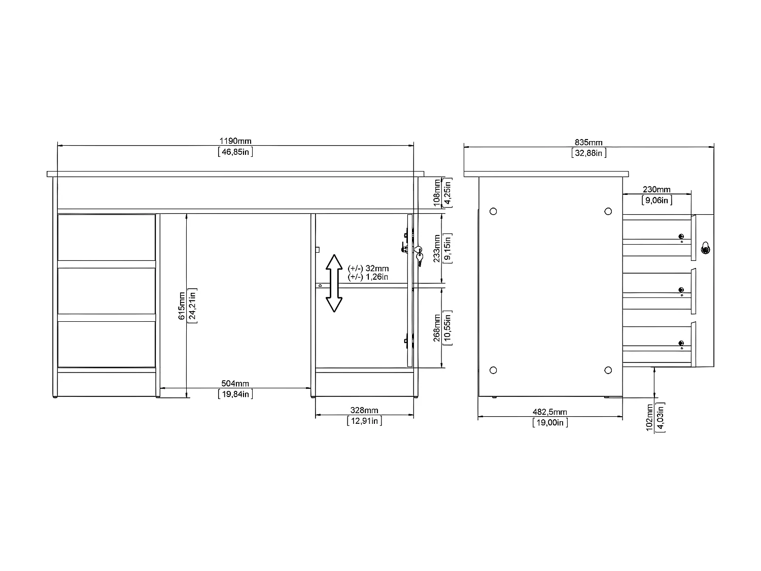 FunctionPlus bureau met slot 1 deur 3 laden okkernoot decor.