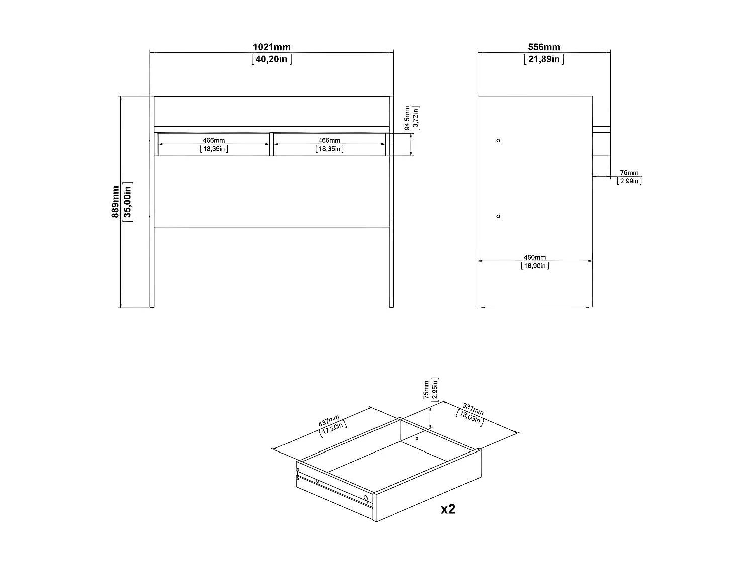 FunctionPlus Schreibtisch 2 Schubladen Nussbaum dekor weiß.