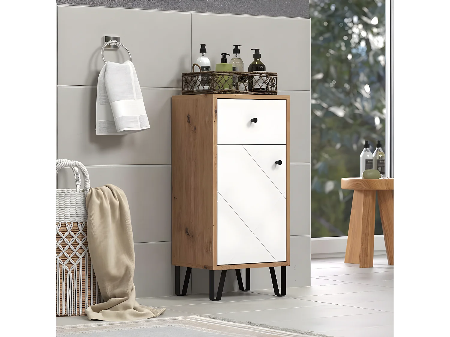 Touch Badschrank weiß matt, Eiche dekor.