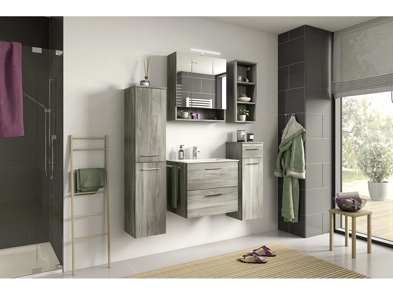 York Badschrank wandhängend 1 Tür, 1 Schublade rauchfarbenen.