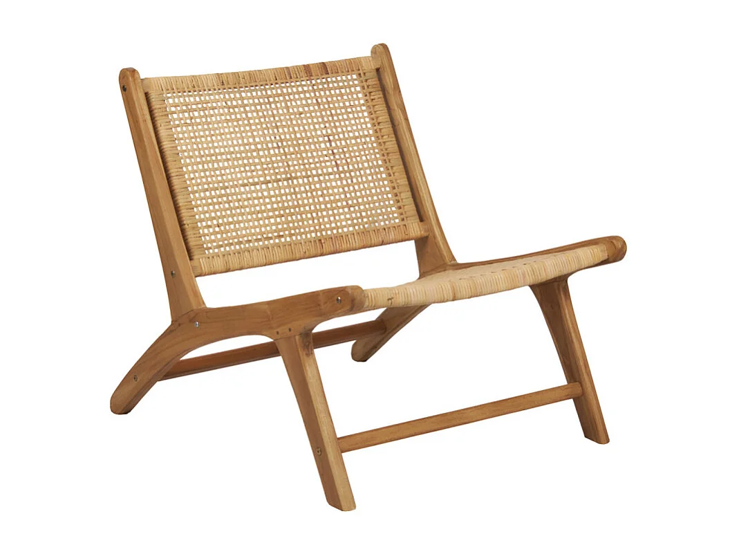 Fauteuil bas lounge incliné en bois de teck et cannage en rotin - SINA