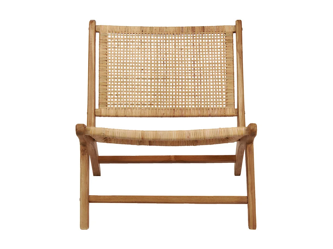 Fauteuil bas lounge incliné en bois de teck et cannage en rotin - SINA