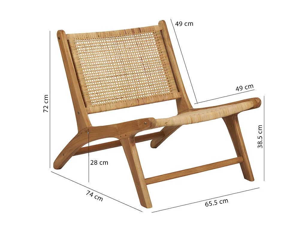 Fauteuil bas lounge incliné en bois de teck et cannage en rotin - SINA