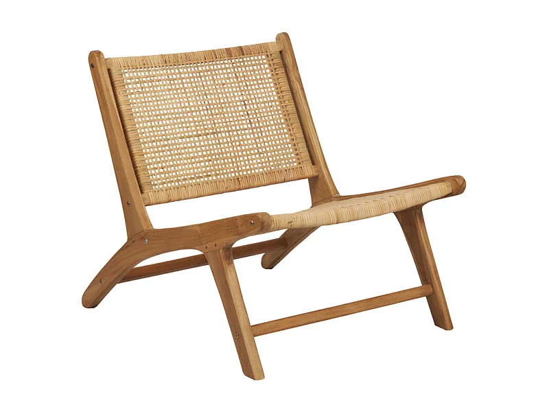 Fauteuil bas lounge incliné en bois de teck et cannage en rotin - SINA