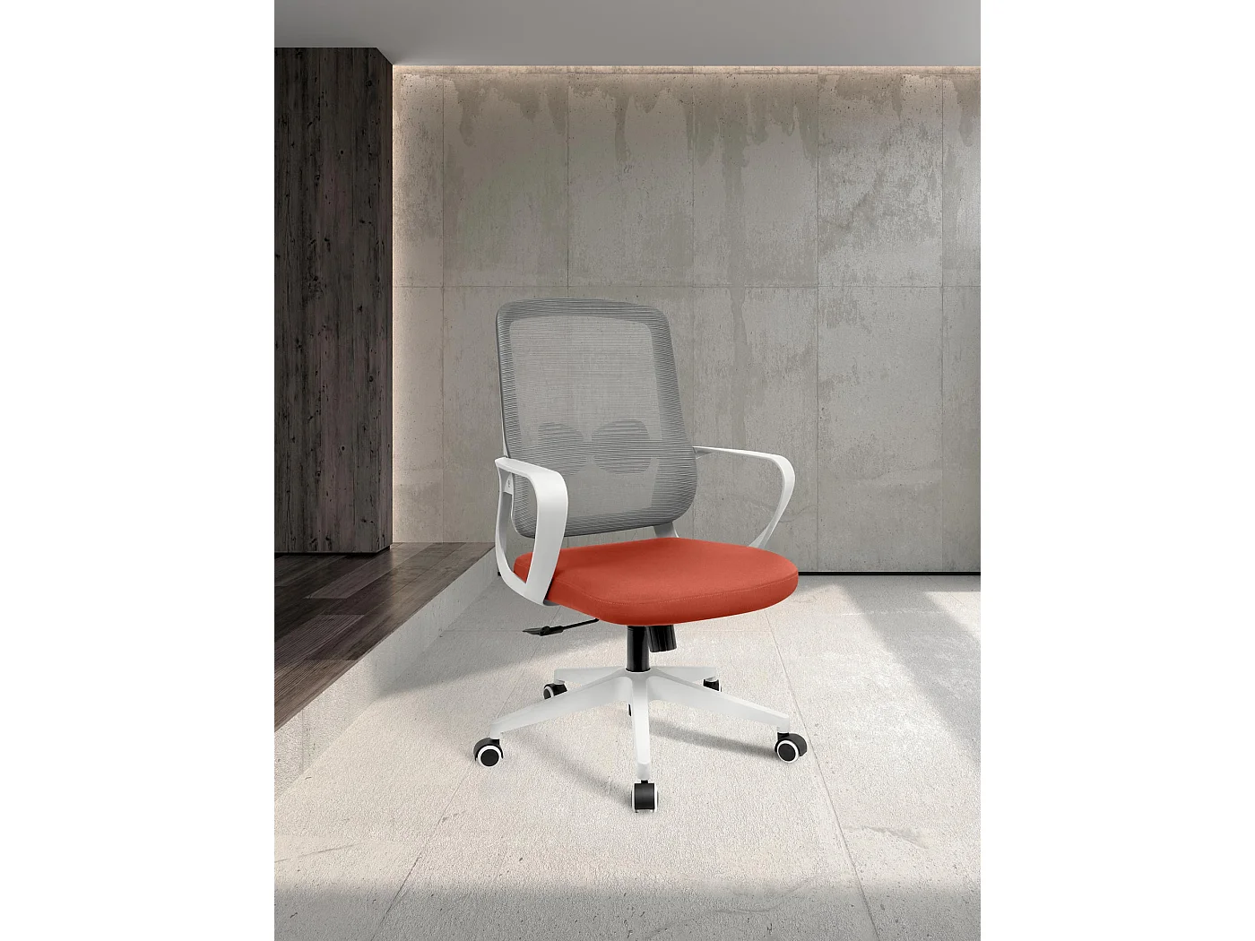 Cadeira de estudo em tecido e rede com rodas - A97/107cm x C66cm x P61cm teja e branco - Leah