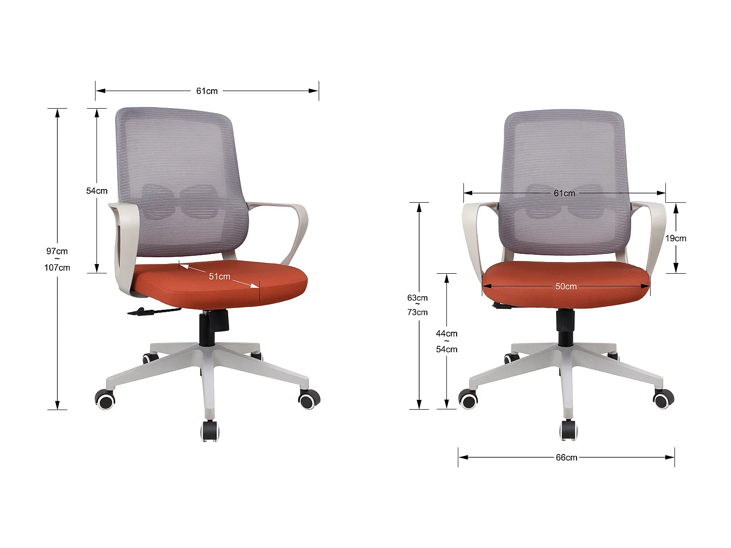 Cadeira de estudo em tecido e rede com rodas - A97/107cm x C66cm x P61cm teja e branco - Leah