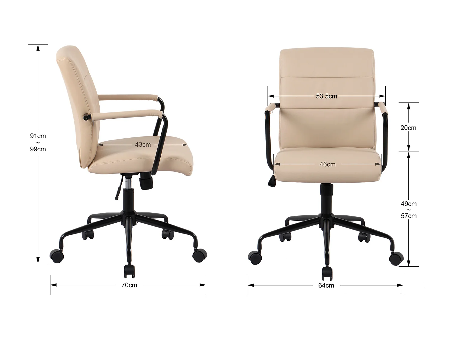 Chaise de bureau H91-99cm x L64cm x P70cm - beige - Oli