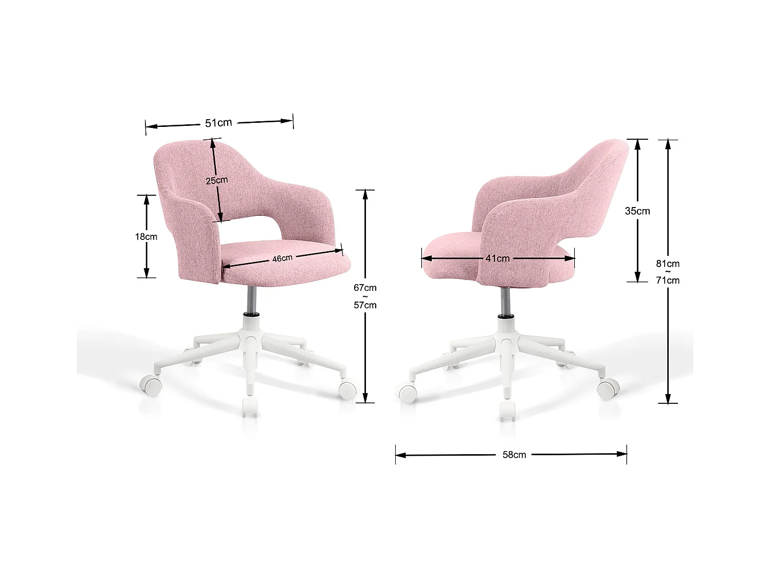 Chaise de bureau H71-81cm x L58cm x P60cm - rose - Mia