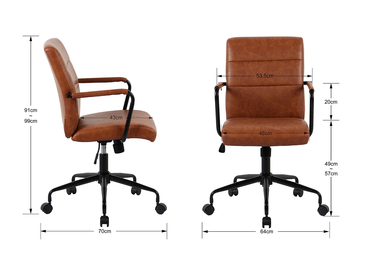 Chaise de bureau H91-99cm x L64cm x P70cm - marron - Oli