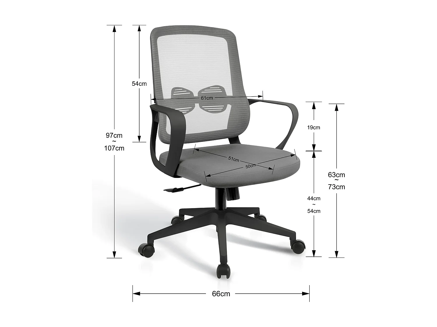 Chaise de bureau H97-107cm x L66cm x P61cm - gris et noir - Leah