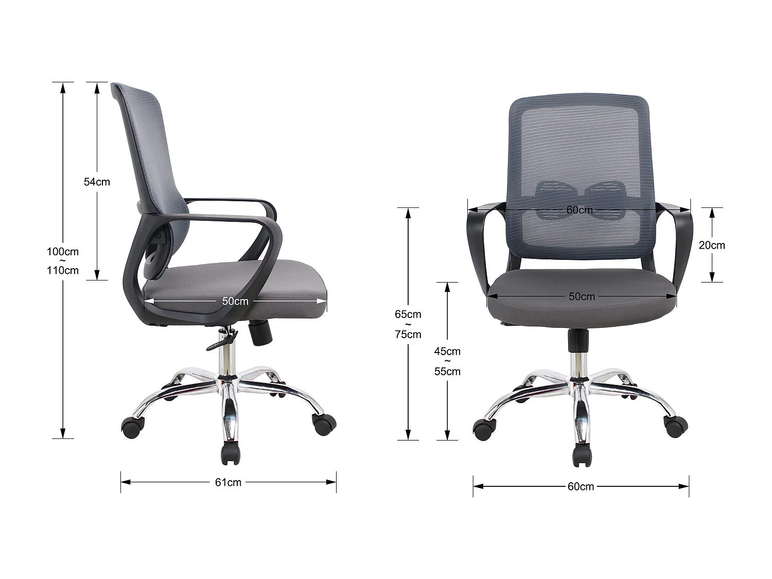 Chaise de bureau H100-110cm x L61cm x P59cm - gris - Metlo