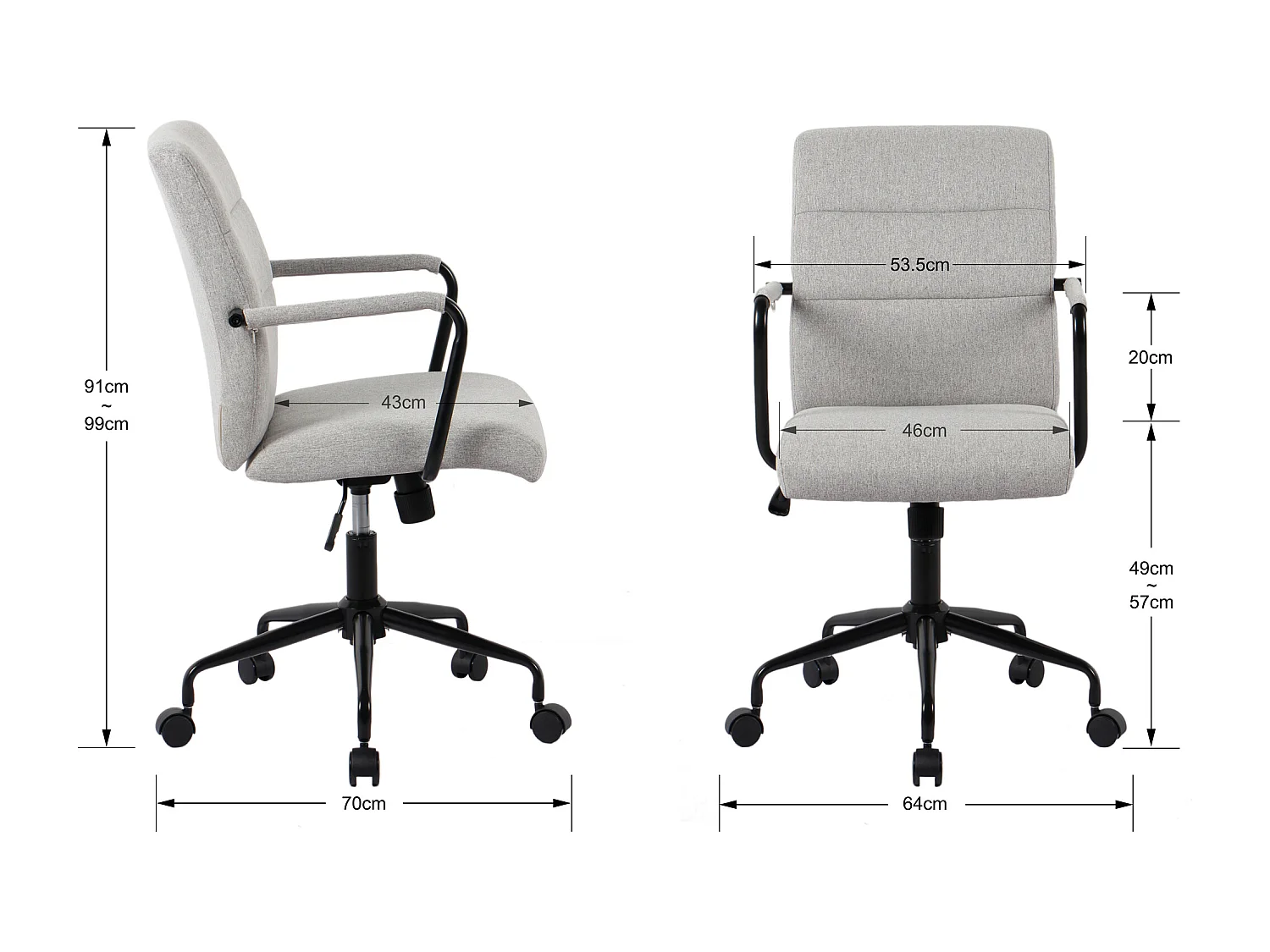 Chaise de bureau H91-99cm x L64cm x P70cm - gris - Oli