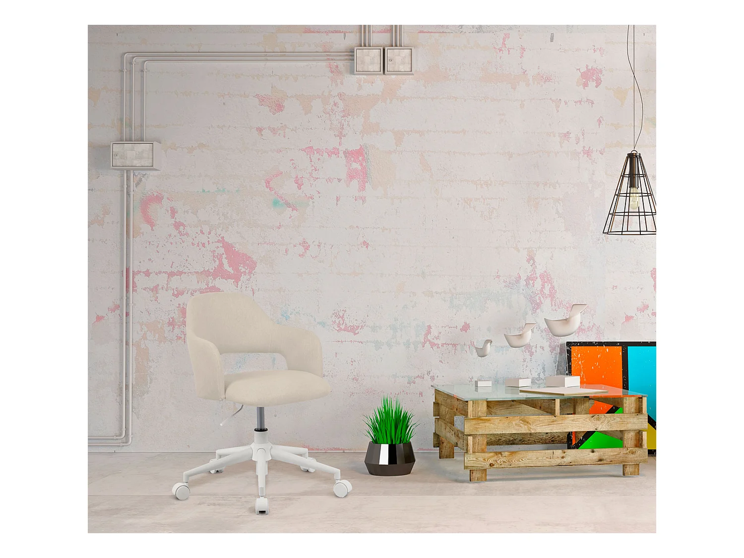 Chaise de bureau H71-81cm x L58cm x P60cm - beige - Mia