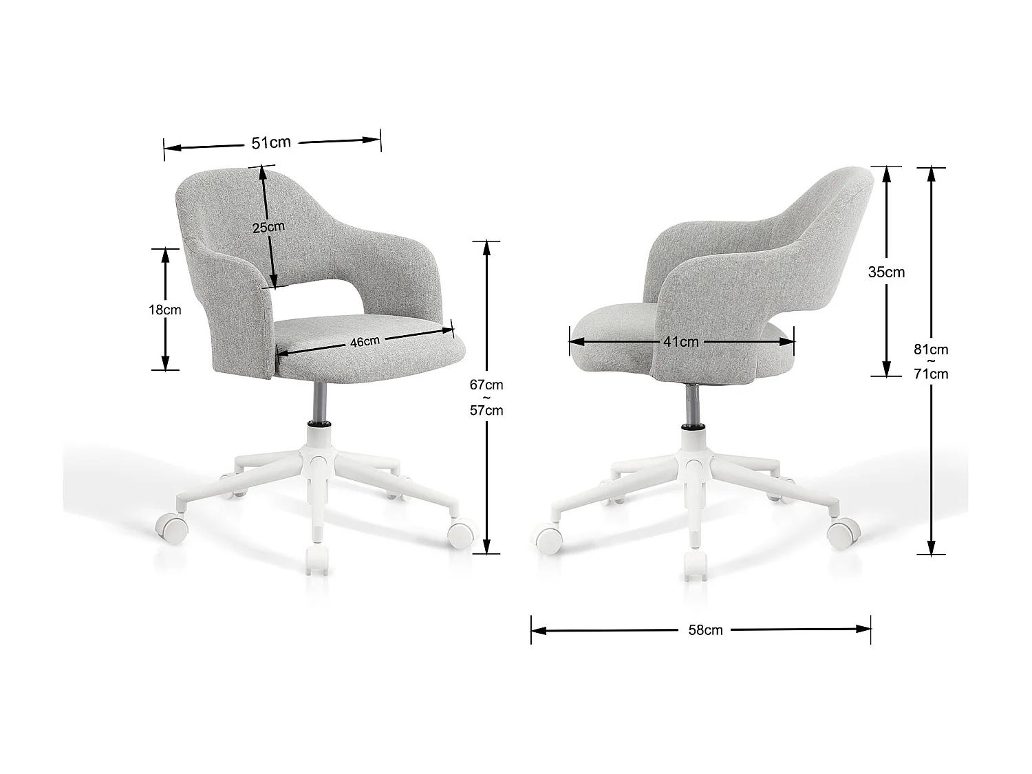 Chaise de bureau H71-81cm x L58cm x P60cm - gris - Mia