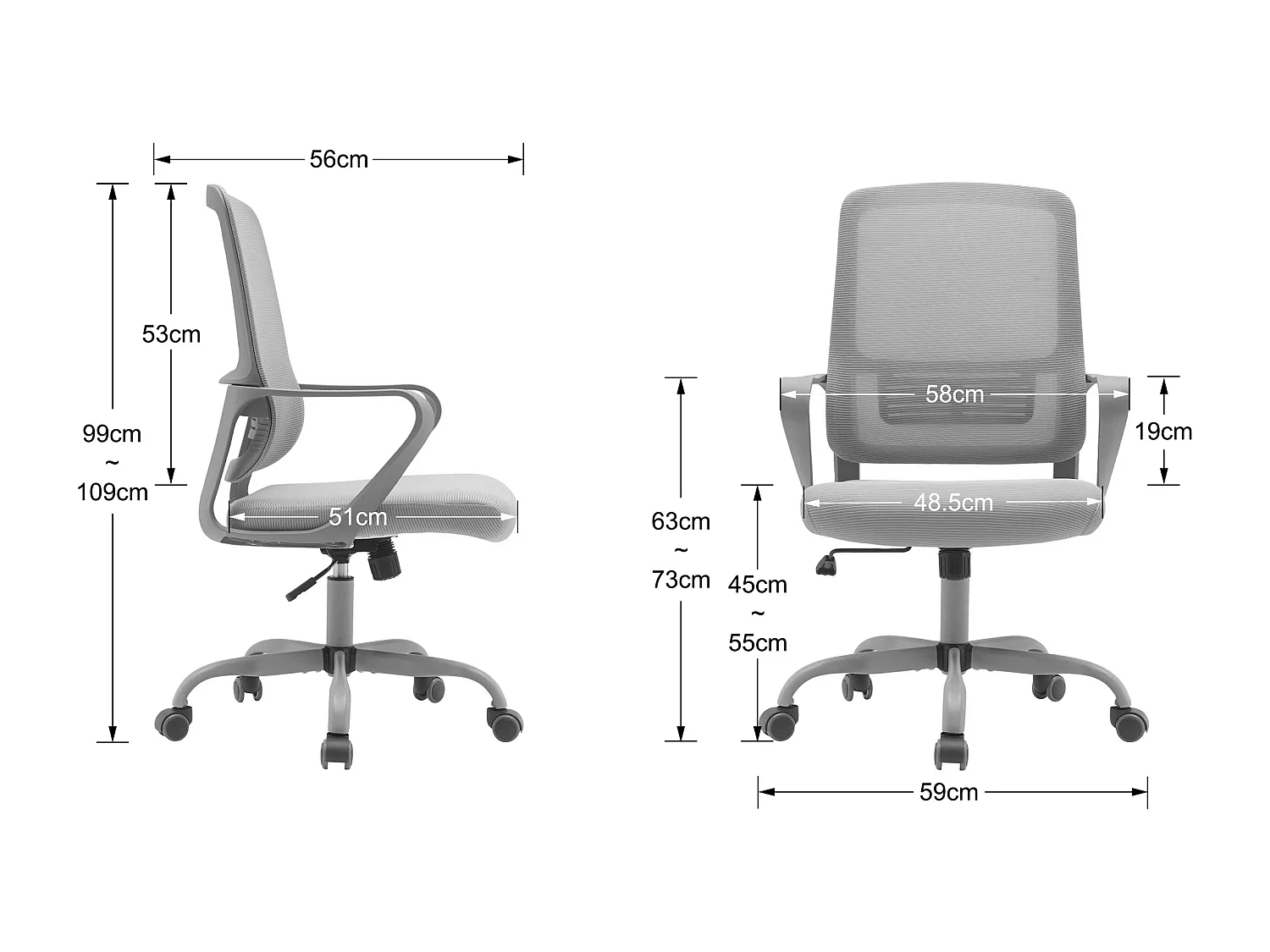 Cadeira de estudo em tecido e rede com rodas - A99/109cm x C59cm x P56cm cinzento - Noah