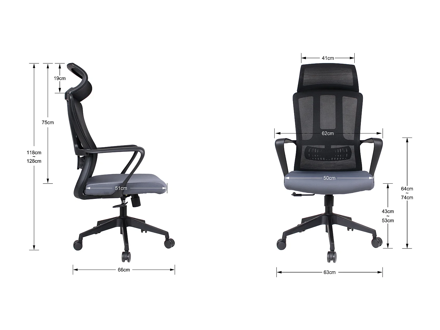 Silla de oficina A118-128cm x L63cm x F66cm - gris y negro - Remi