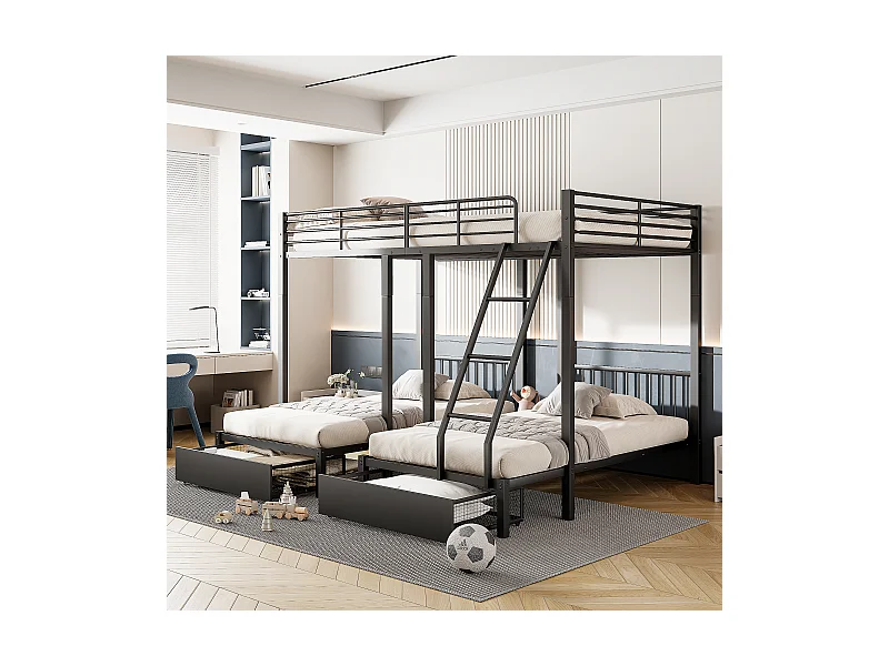 Dreibett-Etagenbett mit 2 Schubladen – Doppelbett 140 x 200 cm und 2 Einzelbetten 90 x 200 cm – Metall – Schwarz