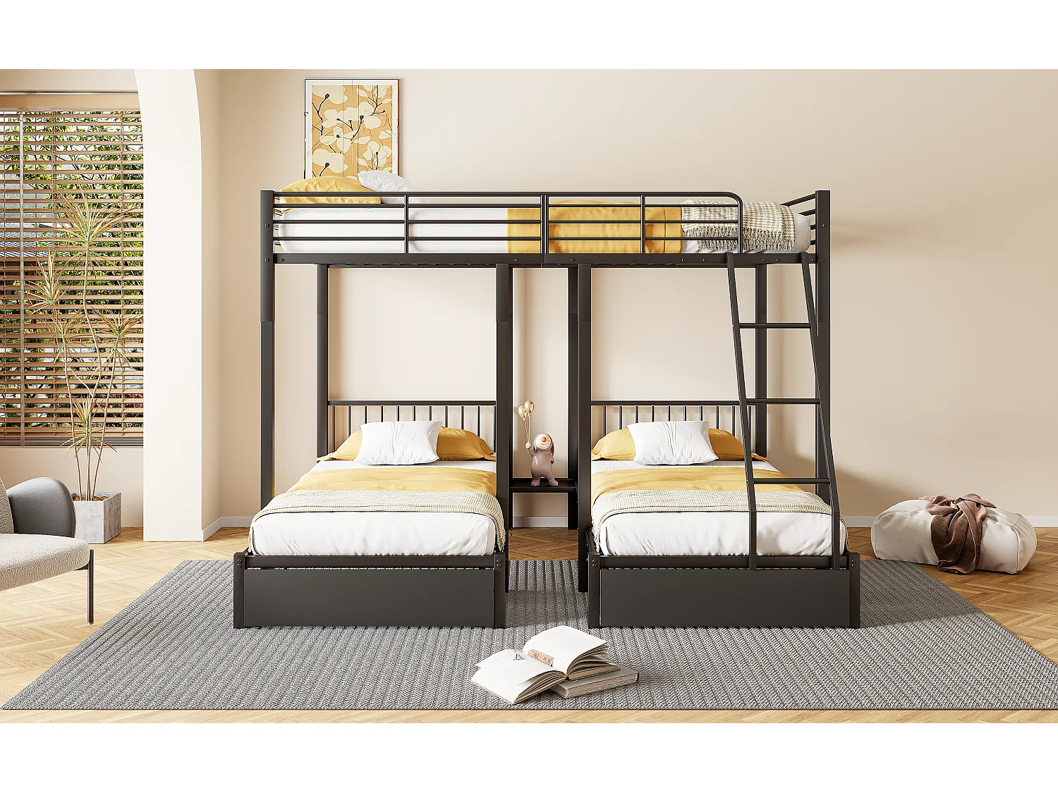 Łóżko piętrowe potrójne z 2 szufladami - łóżko małżeńskie 140 x 200 cm i 2 łóżka pojedyncze 90 x 200 cm - metalowe - czarne