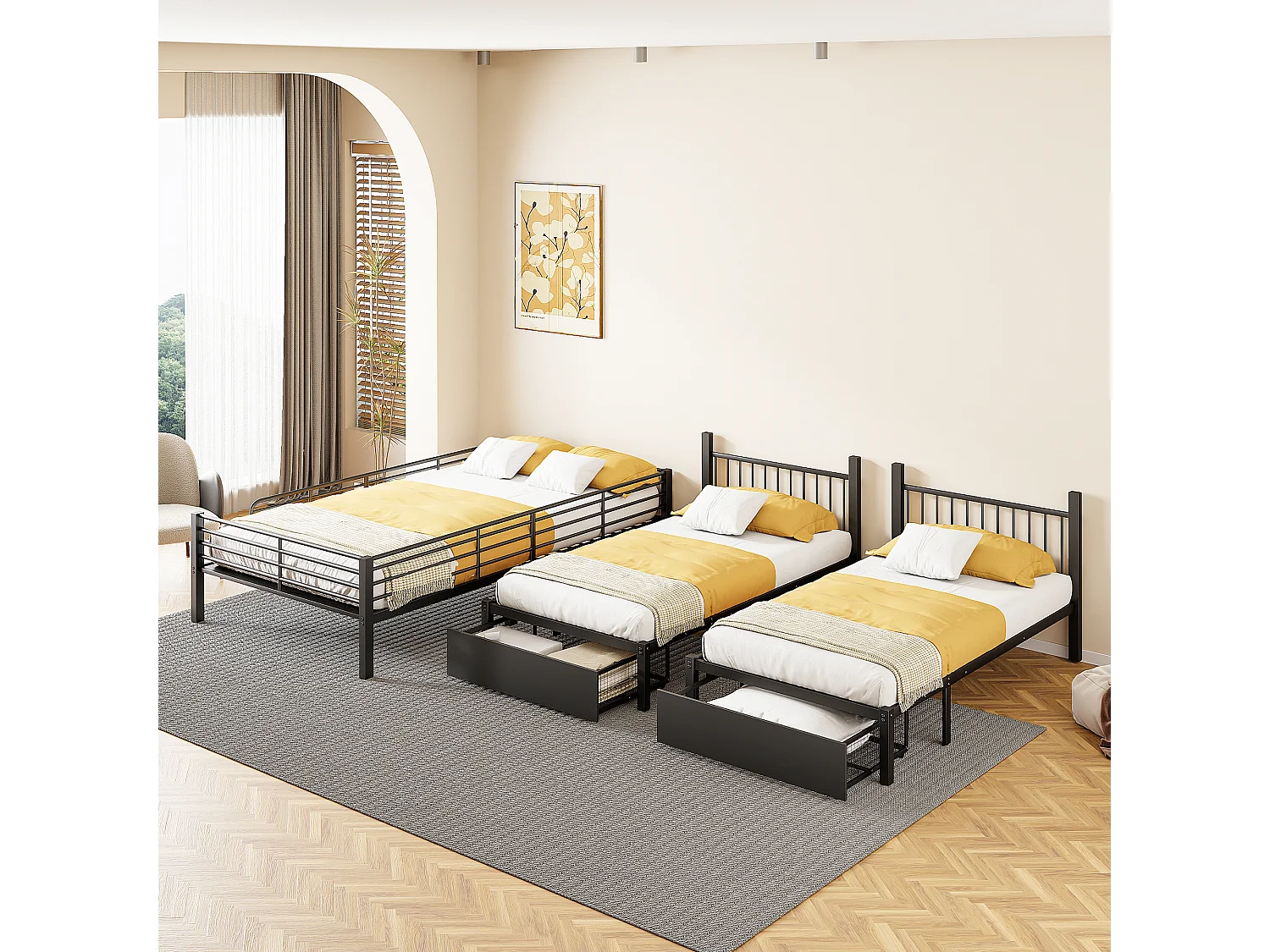 Lits superposés triple avec 2 tiroirs -  lit double 140 x 200 cm et 2 lits simples 90 x 200 cm - métal - noir