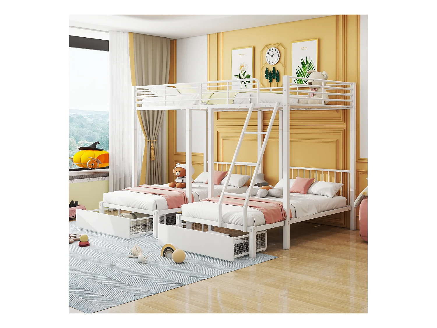 Lits superposés triple avec 2 tiroirs -  lit double 140 x 200 cm et 2 lits simples 90 x 200 cm - métal - blanc