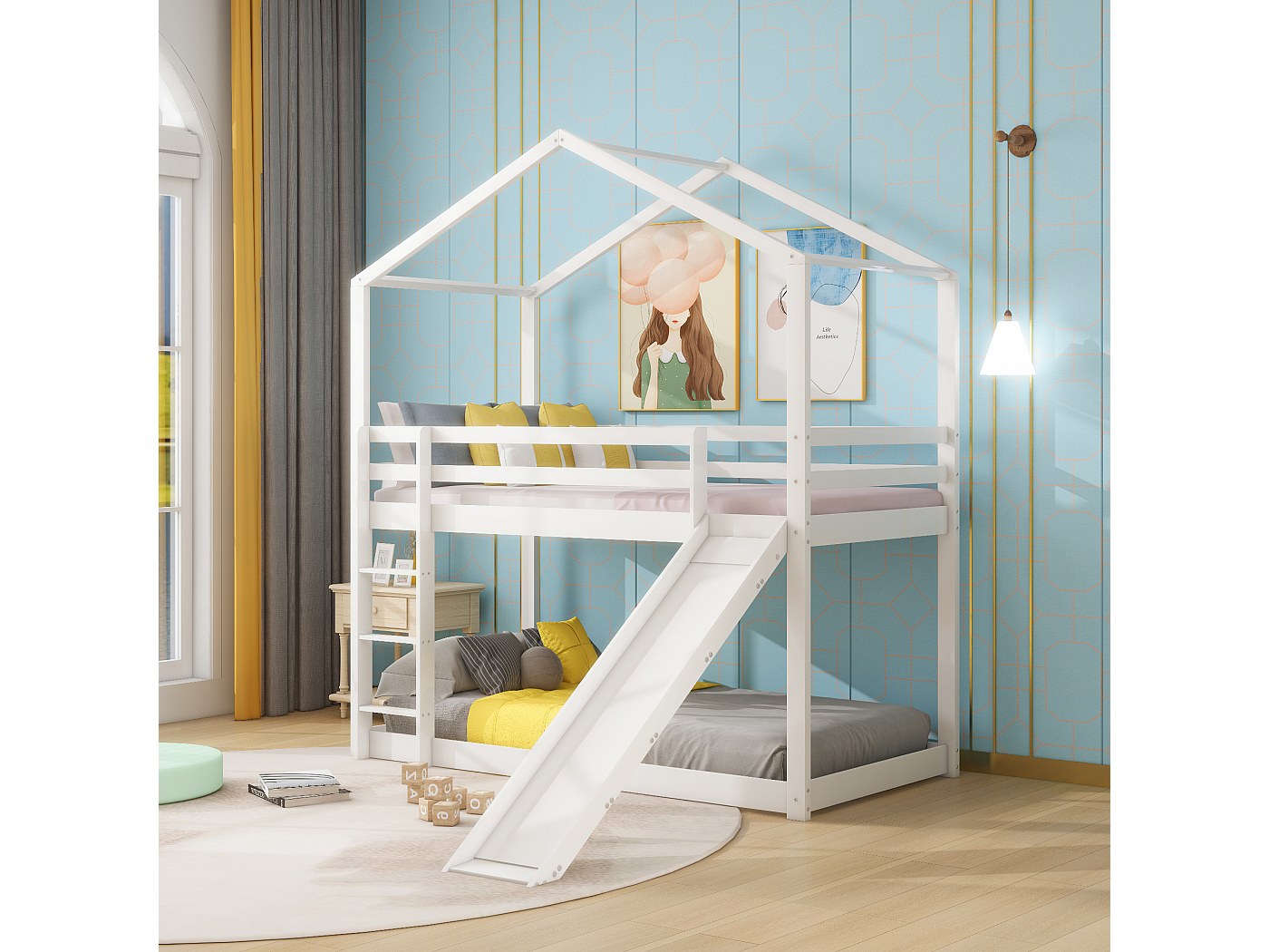 Aunvla Kinderbed, boomhut met glijbaan en ladder, 90 x 200 cm, hoogslaper voor kinderen, 2 x lattenbodem, naturel en wit