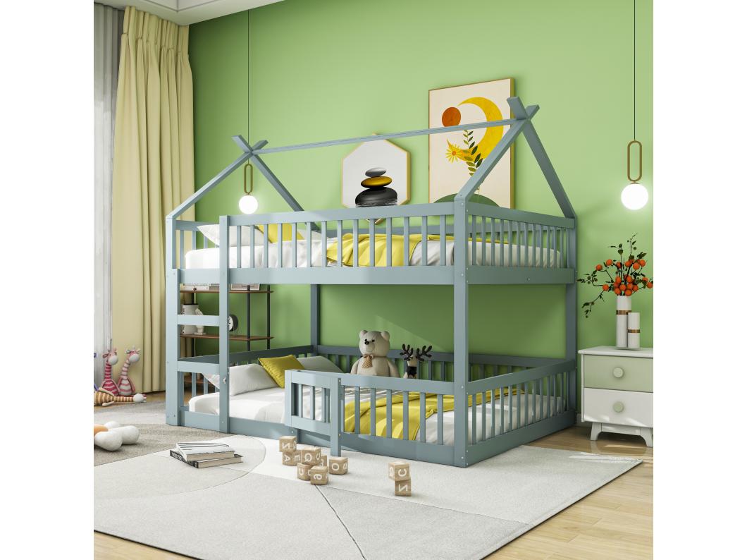 Beliches 2 x 140 x 200 cm com porta e barreiras - Madeira MDF - Base de ripas - Cinza