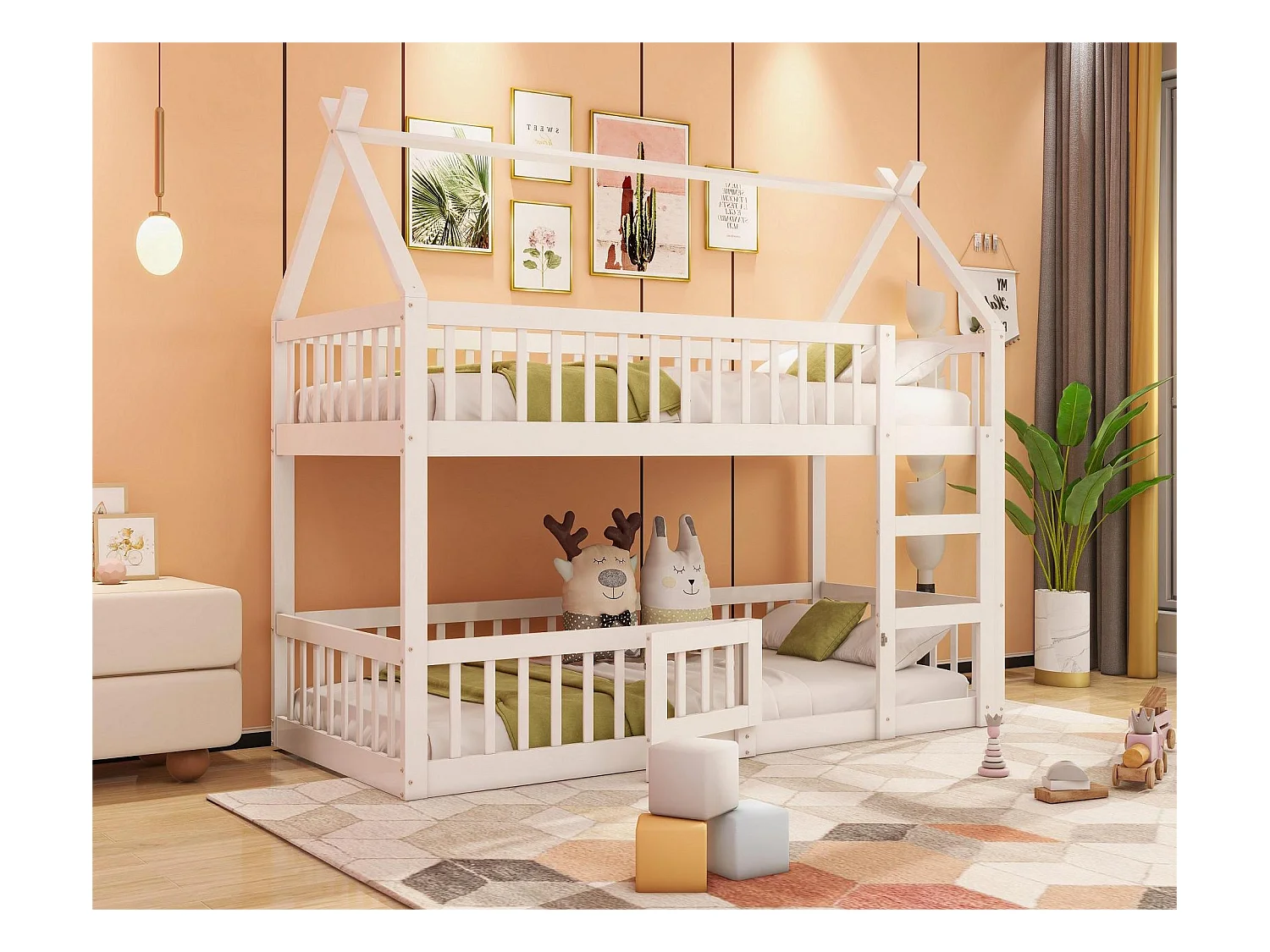 Etagenbetten 2 x 90 x 200 cm mit Tür und Schienen – MDF-Holz – Lattenrost – Weiß