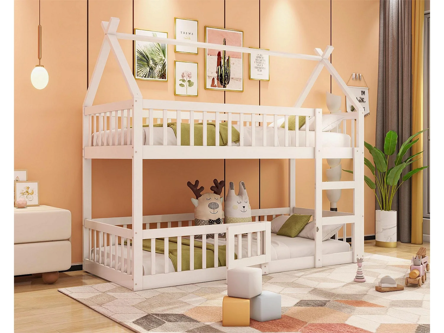 Lits superposés 2 x 90 x 200 cm avec porte et barrières - Bois MDF - Sommier à lattes - Blanc