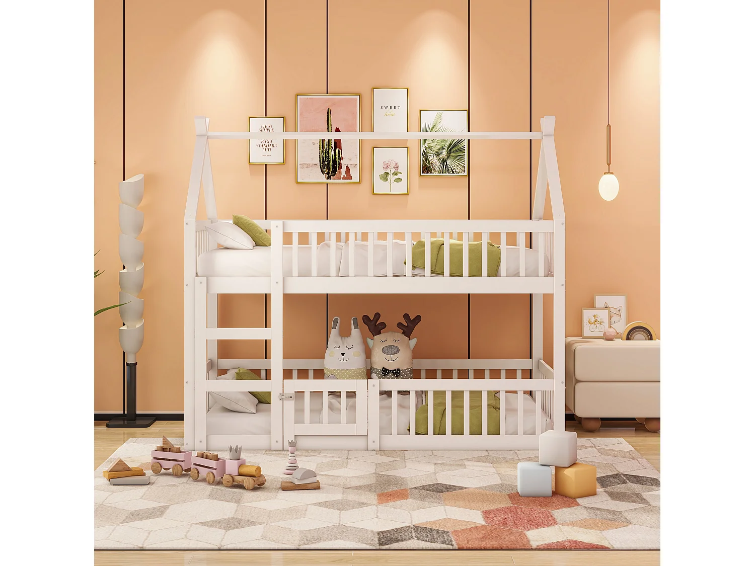 Letti a castello 2 x 90 x 200 cm con porta e sponde - Legno MDF - Rete a doghe - Bianco