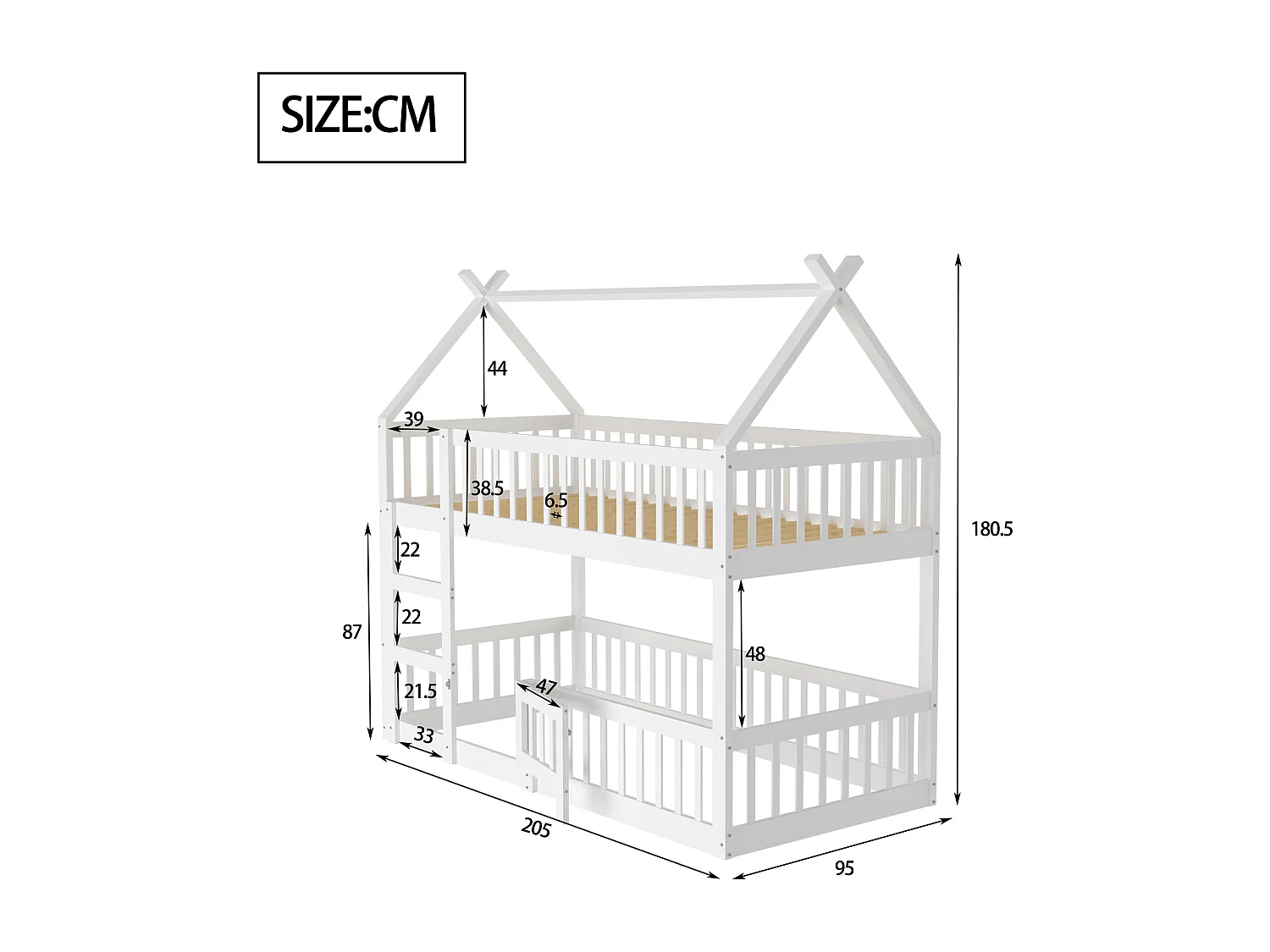 Letti a castello 2 x 90 x 200 cm con porta e sponde - Legno MDF - Rete a doghe - Bianco