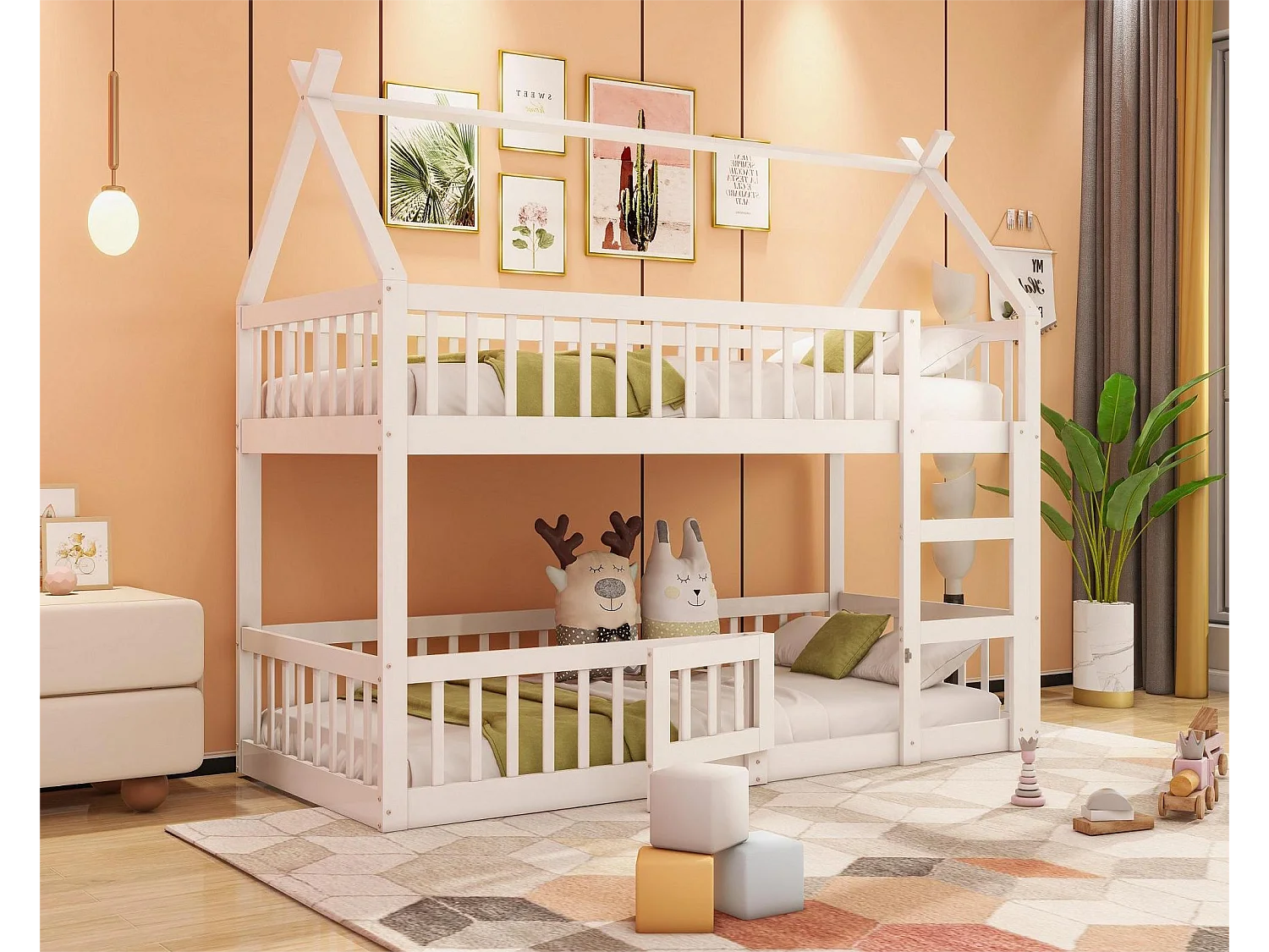 Lits superposés 2 x 90 x 200 cm avec porte et barrières - Bois MDF - Sommier à lattes - Blanc