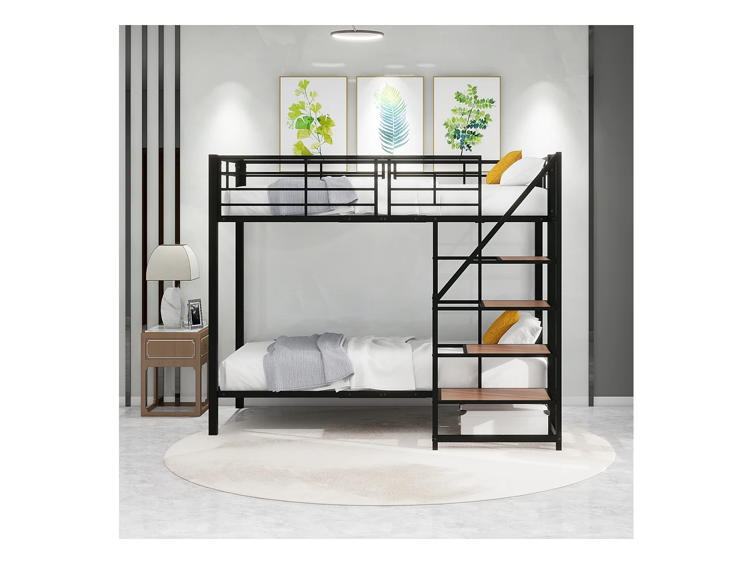 Lit superposé 2 x 90 x 200 cm avec escalier de rangement - métal et bois - pour enfant - noir