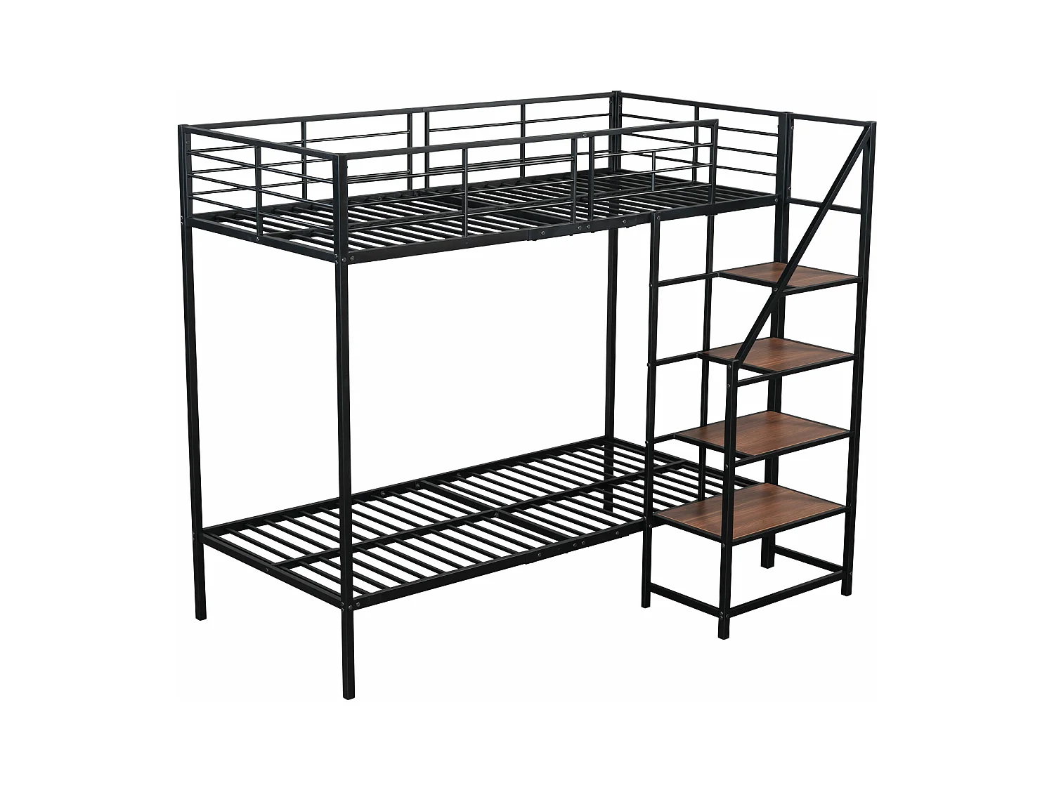Lit superposé 2 x 90 x 200 cm avec escalier de rangement - métal et bois - pour enfant - noir