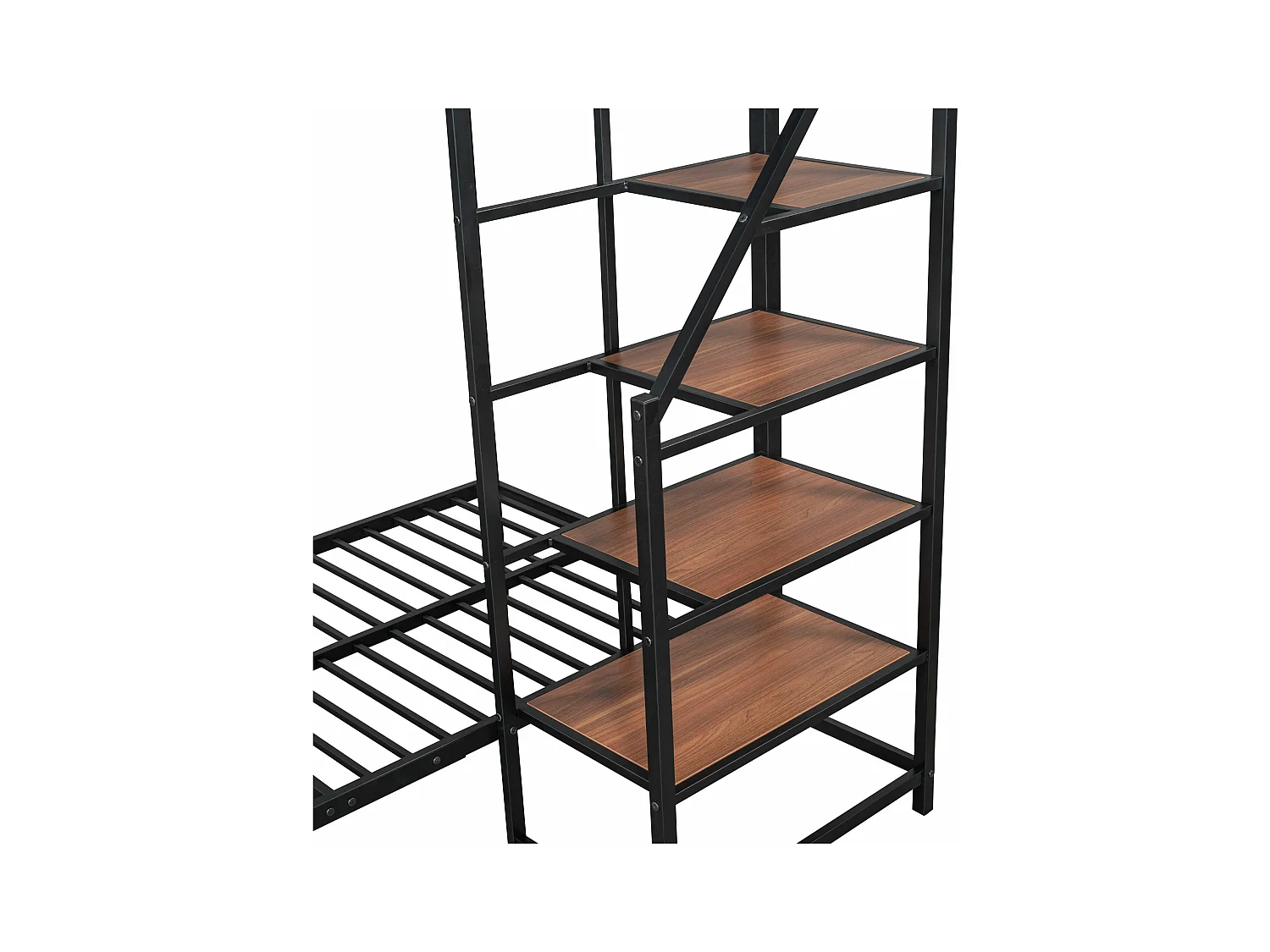 Lit superposé 2 x 90 x 200 cm avec escalier de rangement - métal et bois - pour enfant - noir