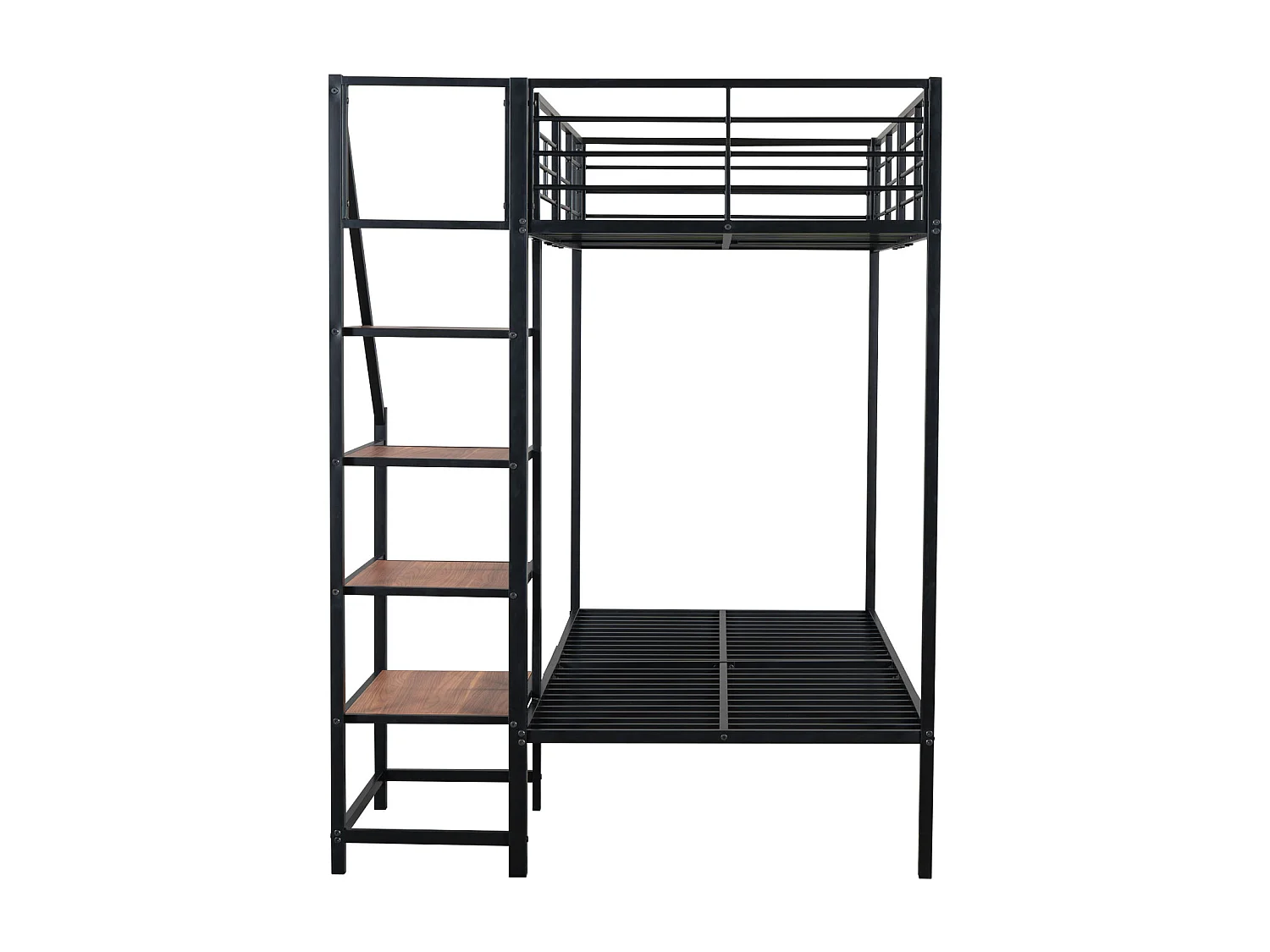 Lit superposé 2 x 90 x 200 cm avec escalier de rangement - métal et bois - pour enfant - noir