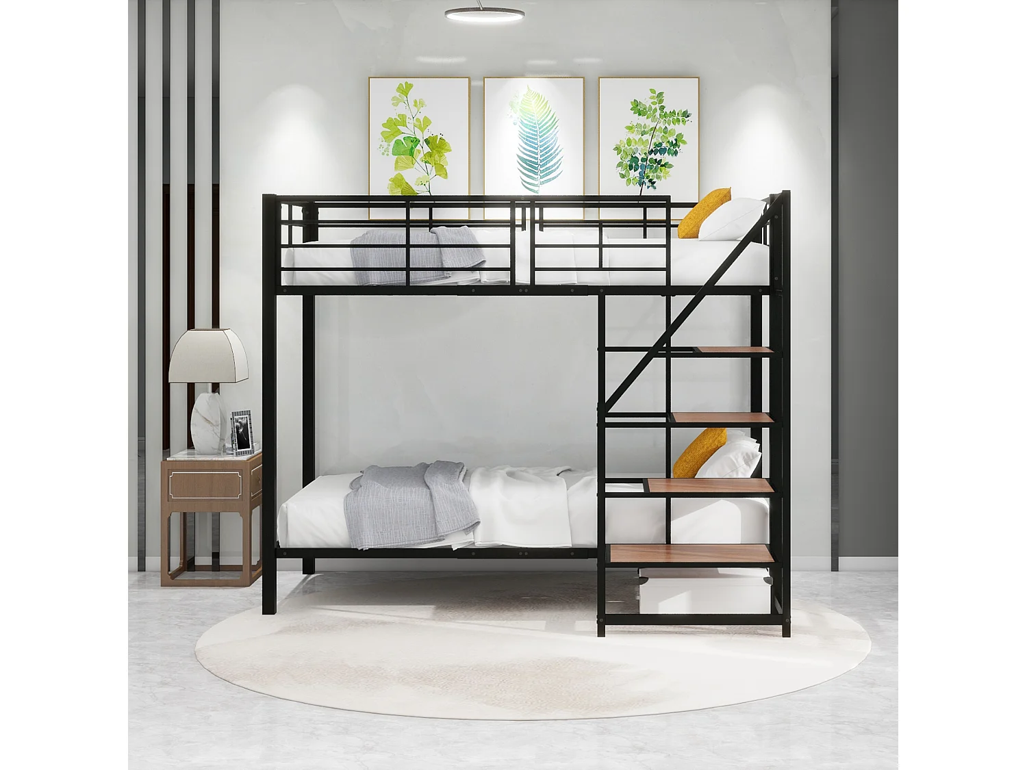 Lit superposé 2 x 90 x 200 cm avec escalier de rangement - métal et bois - pour enfant - noir