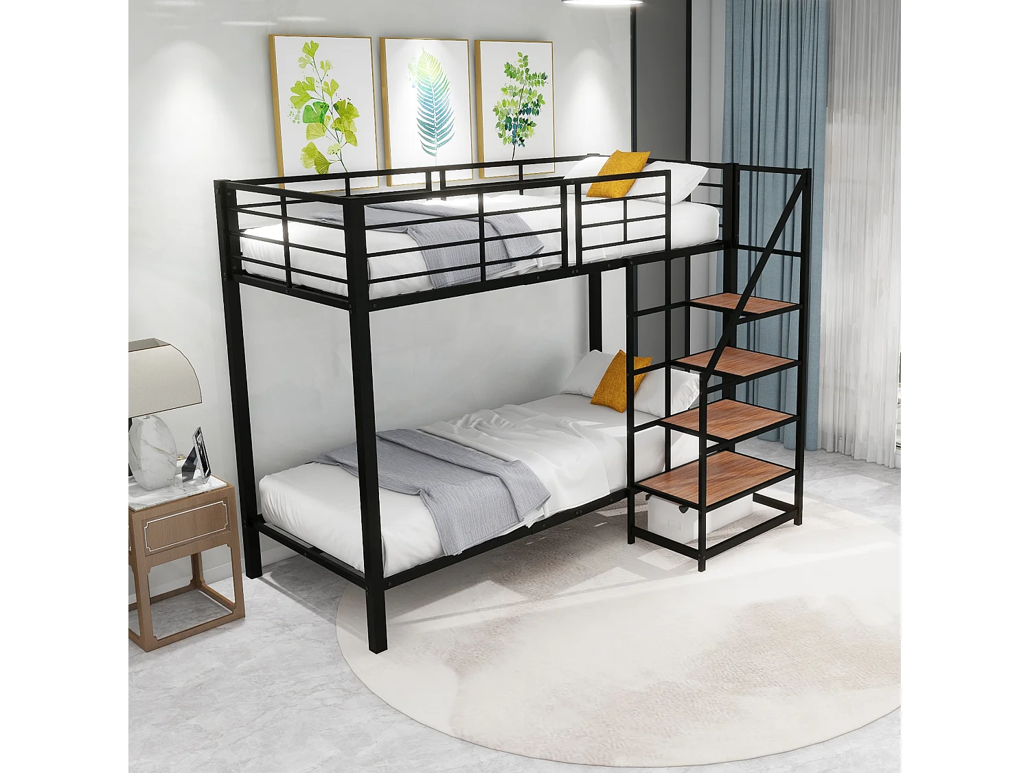 Lit superposé 2 x 90 x 200 cm avec escalier de rangement - métal et bois - pour enfant - noir