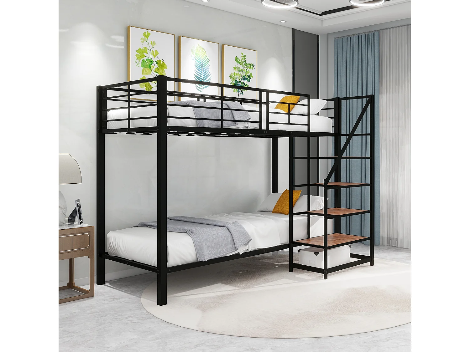 Lit superposé 2 x 90 x 200 cm avec escalier de rangement - métal et bois - pour enfant - noir