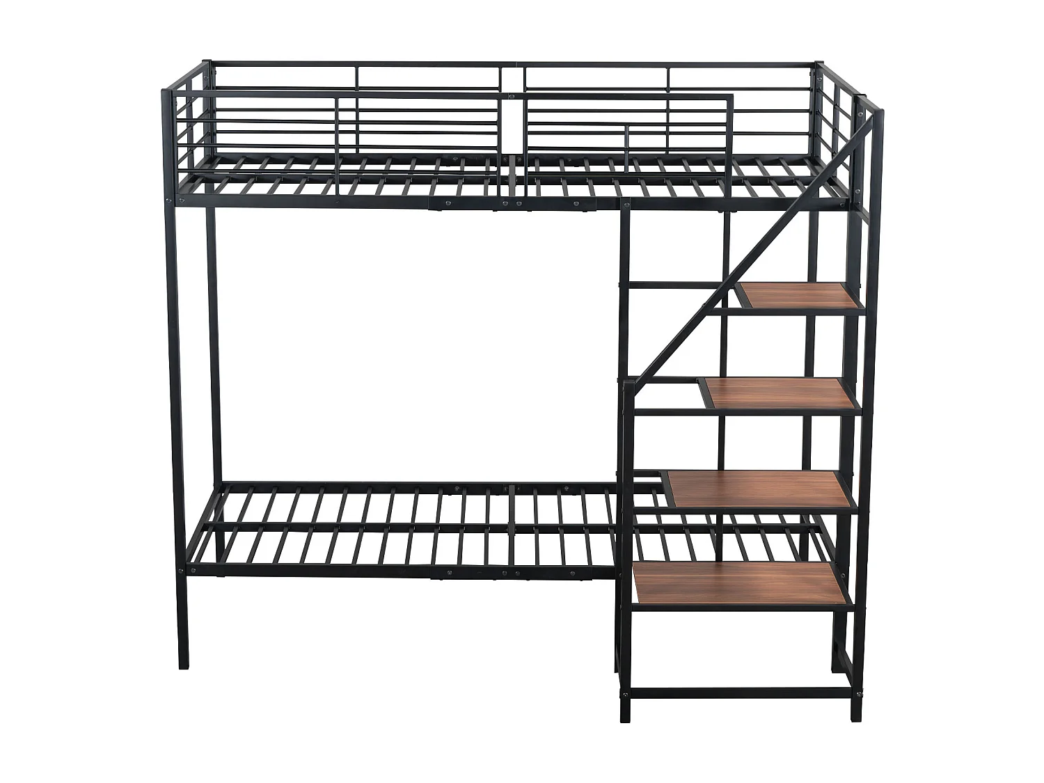 Lit superposé 2 x 90 x 200 cm avec escalier de rangement - métal et bois - pour enfant - noir