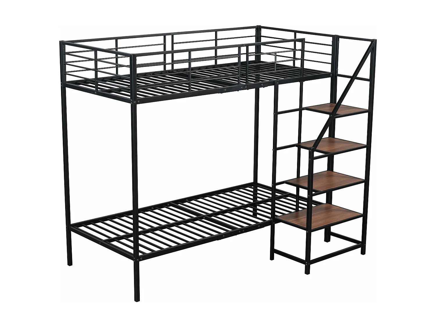 Lit superposé 2 x 90 x 200 cm avec escalier de rangement - métal et bois - pour enfant - noir
