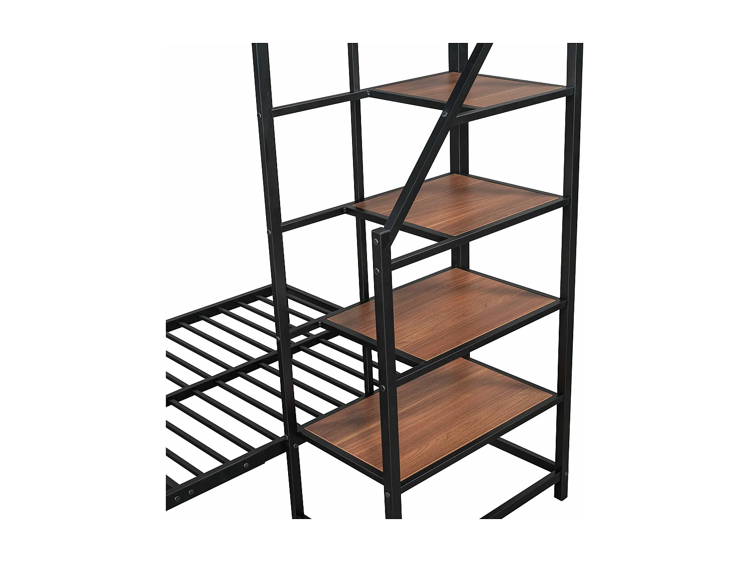 Lit superposé 2 x 90 x 200 cm avec escalier de rangement - métal et bois - pour enfant - noir