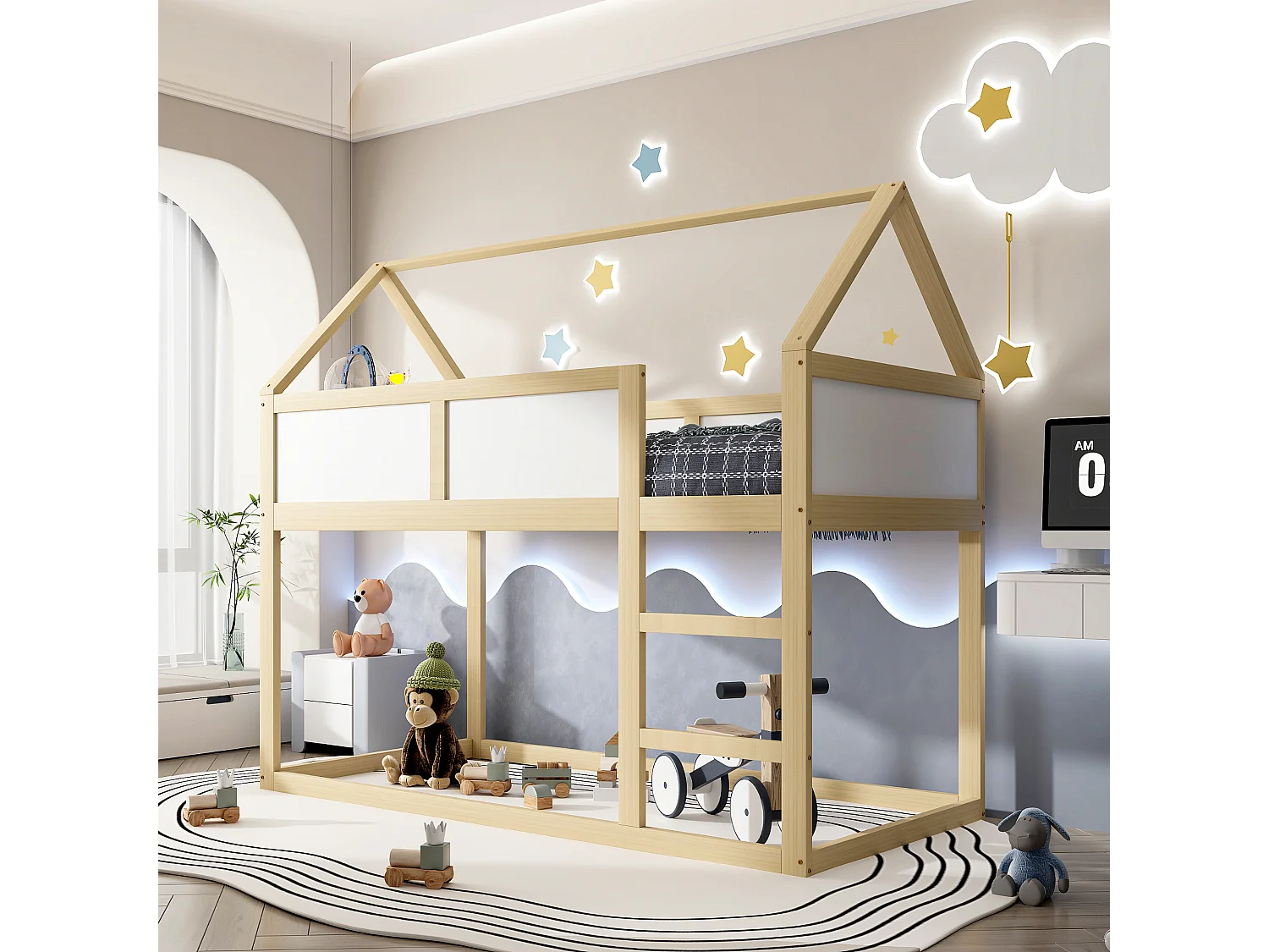 Kinderstapelbed 2 x 90 x 200 cm, hoogslaper met trap, massief houten frame, naturel