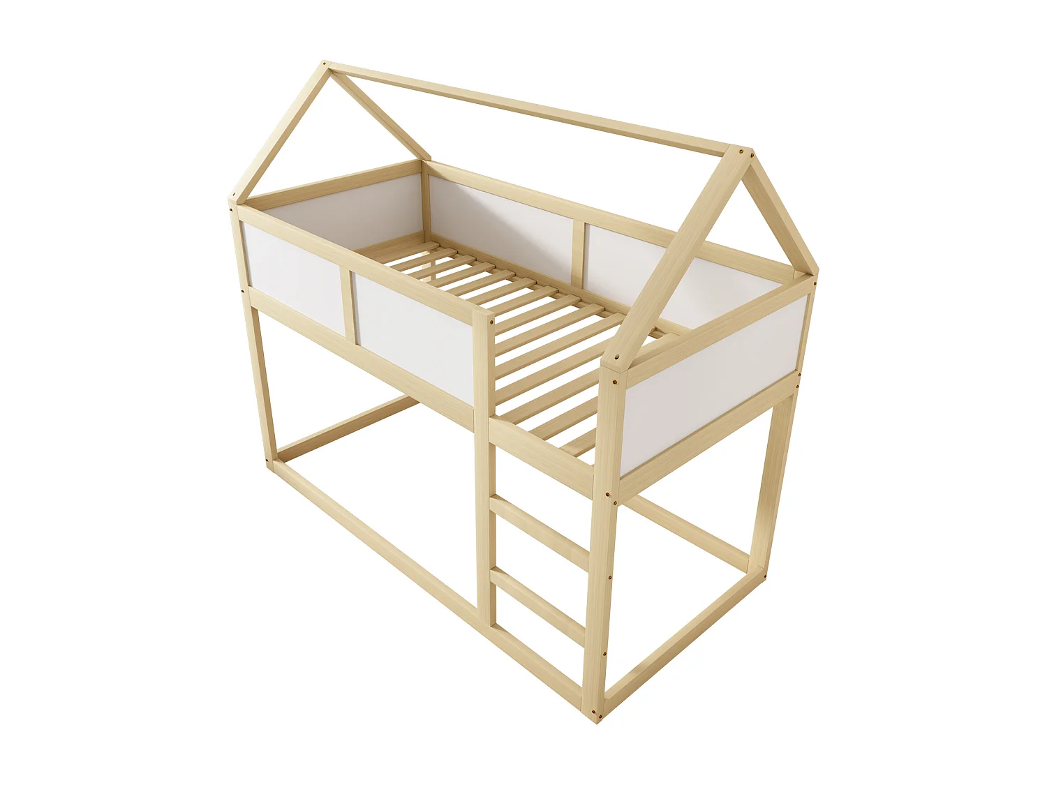 Kinderstapelbed 2 x 90 x 200 cm, hoogslaper met trap, massief houten frame, naturel